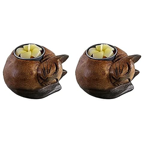Curled Cat Wooden Tealight Candle Holder Set of 2 Cover