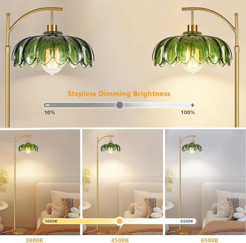Image of QIYIZM Glass Floor Lamp for Living Room,Bedroom,Gold Dimmable Standing Lamp with Remote,Mid Century Modern Brass Tall Lamp Boho Vintage Retro Floor Lamps Arc Green Flower Floor Light Lamp Bohemian