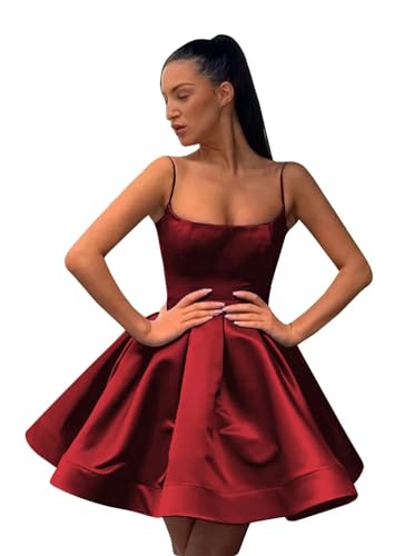 A-line Satin Homecoming Dress Spaghetti Straps for Women, Short Square Neck Cocktail Dress Sleeveless Prom Dress