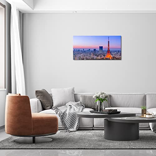 Kawahone - Tokyo Skyline With Tokyo Tower At Sunset Prints Wall Art, Cityscapes Travel Poster Tokyo Tower Sunset Stretched And Framed Artwork Posters -16" X 32"(Tokyo Tower) #TOP4