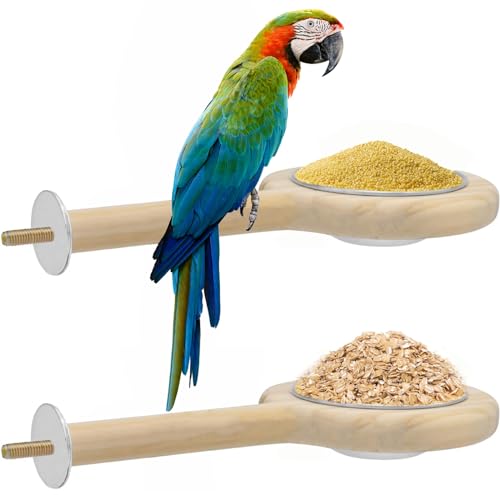 ASOCEA 2 Pack Bird Perch Bird Feeding Cup, Bird Bowls for Cage Wooden Perch Stand Hanging Bowls for Bird Cage Accessory Parrot Wood Perch Stand Toy for Parakeet Lovebird Cockatiel Budgie Small Parrots
