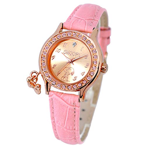 腕時計 スヌーピー 天然ダイヤモンド 本革ベルト レザー リボン レディース メンズ ユニセックス 時計 SNOOPY 革 ベルト WATCH 紙袋・巾着付き(ピンクローズ+巾着紙袋セット) [並行輸入品]