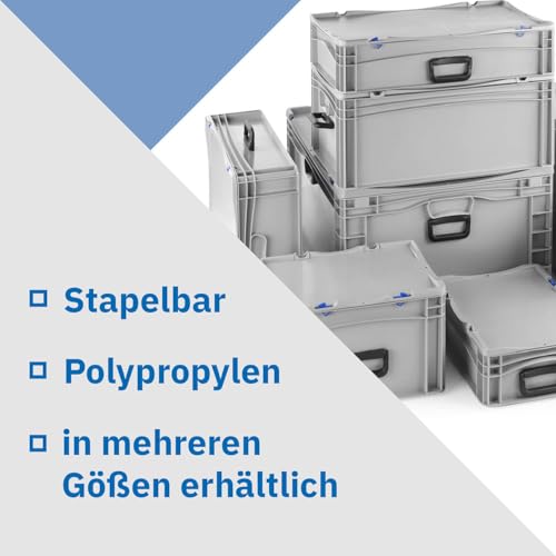 DIE BOX FABRIK Robuster Eurobehälter mit Tragegriff & Scharnierdeckel | Stapelbarer Kunststoffkoffer für Lager & Transport | Aufbewahrungsbox für Werkzeuge, Logistik & Industrie (600x400x283 mm)