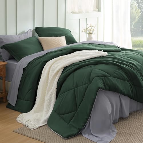 Bedsure Queen Comforter Set - 7 Pieces Reversible Forest Green Bedding, Queen Size Bed Set for All Seasons, Bed in a Bag with Down Alternative Comforter, Sheets, Pillowcases & Shams