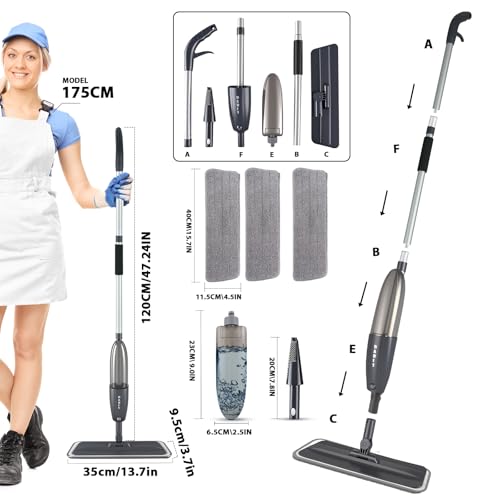 Grauer Wischer mit Sprühfunktion, 360° drehbarer Bodensprühwischer mit 3 waschbaren Mikrofaserpads, 360 ml nachfüllbarem Wassertank, leichter Nasssprühmopp-Bodenwischer für Zuhause, Küche