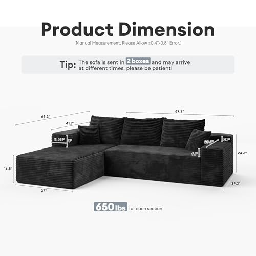 Image of HOOOWOOO Sectional L Shaped Couch,106 inch Assembly Free Modern Minimalist Sofa,Extra Deep Large Corner Sofa Couch Set in A Box for Living Room(Left Chaise Black Velvet Uphostered)