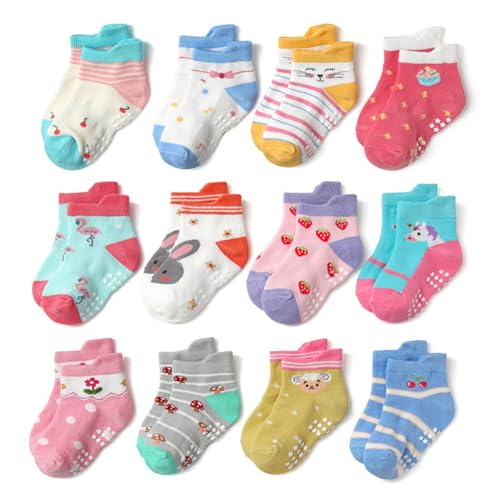 Eforcase 12 Pairs Baby Socks Non-Slip Grip Cotton Cute Boys Girls Socks Soft and Elastic Ankle Socks for Baby Kids2
