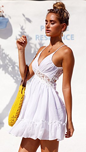 Image of ECOWISH Summer Dresses for Women 2026 V-Neck Spaghetti Strap Bowknot Backless Sleeveless Lace Mini Swing Skater Dress