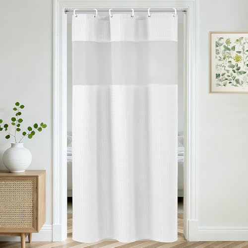 UFRIDAY White Waffle Weave Small Stall Shower Curtain Liner 36x72 inch,Hotel Style Bath Curtain with Mesh Top Window, Heavy Duty Thick Fabric Shower Curtain for Bathroom,Washable Water Resistant