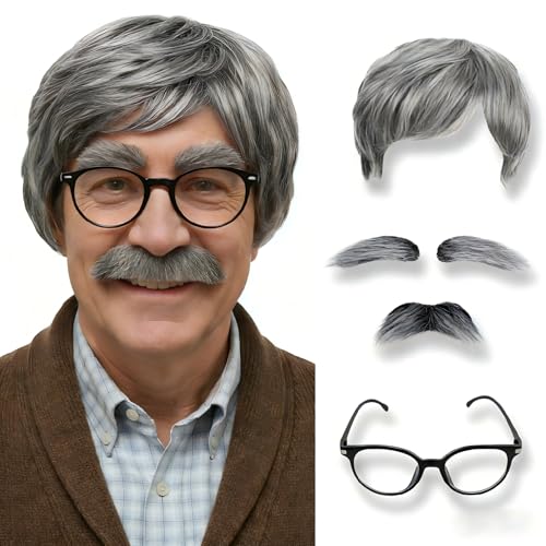 Tovims Grandpa Wig Grey Hair Set with Mustache Eyebrows Glasses - 100th Day Dress Up Outfit Accessories (Regular Gray)