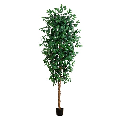 Image of Nearly Natural 8ft Triple Trunk Artificial Ficus Tree with Natural Wood Trunks, Fake Tree for Indoor Home Decor, Faux Ficus Tree with Black Nursery Pot