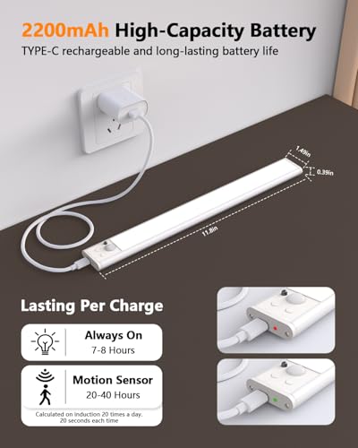 Hontafe Under Cabinet Lighting,80LED Motion Sensor Light Indoor with Remote,2200mAh Rechargeable Closet Lights Wireless,Dimmable,3Color Temps,Magnetic Under Counter Lights for Kitchen,Stair, 2Pack — view 6