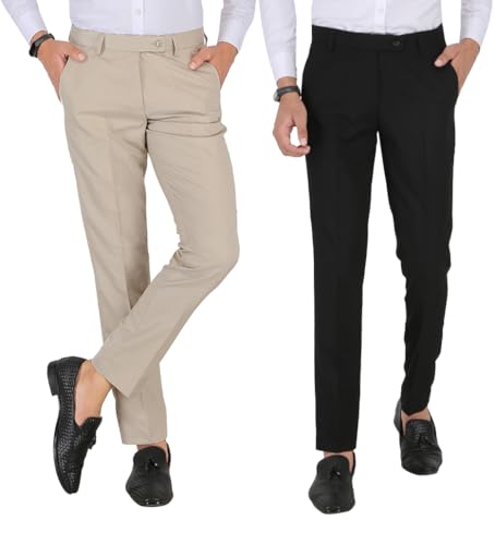Image of Yaha Style Four Square Slim Fit Cream and Black Formal Trousers Combo for Men - Polyester Viscose Bottom Pants for Gents - Office Dress Pack of 2