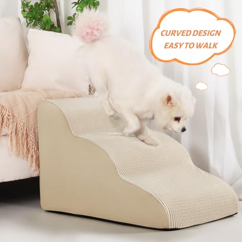 Image of Aodisman Dog Stairs for Small Dogs and Cats,3-Step Pet Ramp for Couch,Chair | 15.7 inch H Non-Slip Sturdy Dog Steps with Curved Ramp for Senior,Short-Legged Dogs,Puppy and Cats to Reach Sofa or Chair,Beige