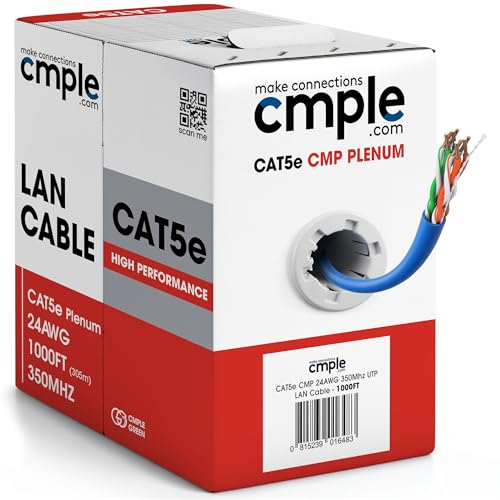 Cmple - Cat5e Plenum Cable 1000ft CMP Blue 350MHz Gigabit Ethernet Solid Network Internet Bulk UTP
