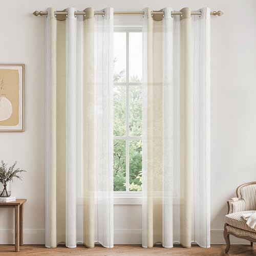 MRTREES Tende Camera da Letto in Voile a Righe Verticali Semi-Trasparenti con Occhielli 2 Pezzi Tenda Leggera Moderne Elegante Effetto Lino per Interni Soggiorno Finestra Bianco+Beige 140x225 CM