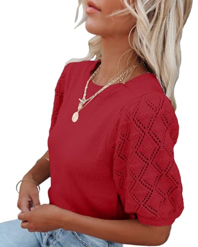 Image of Womens Short Sleeve Sweaters Crewneck Knit Pullover Tops 2025 Summer Casual Lightweight Crochet Blouse Shirt
