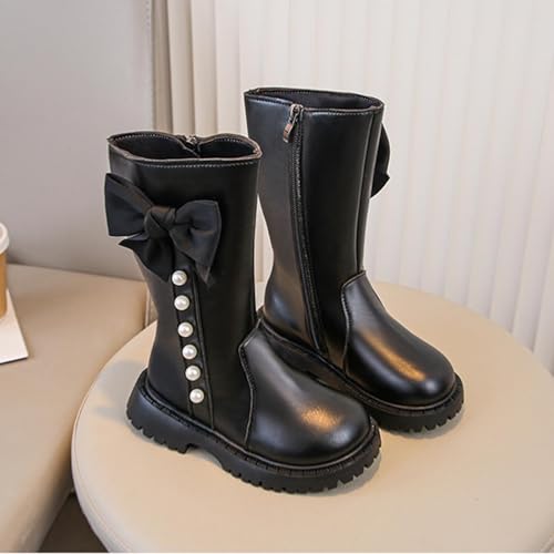 Boots for Girls Winter Cute Pearl Bowknot Zipper Riding Boots Fashion PU Leather Waterproof Mid Calf Boot for Kids4