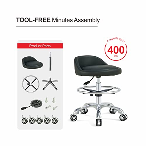 Kastele Height Adjustable Rolling Desk Stool Swivel Chair With Backrest And Casters Heavy Duty For Salon, Spa, Massage,Tattoo,Esthetician,Shop,Kitchen (Backrest With Casters, Black) #TOP4