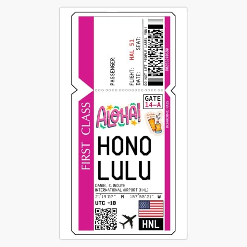 Honolulu Hawaii HNL Airport Boarding Pass Travel Aloha Tropical Vacation First Class Gate 14-A Pink Design 5" Vinyl Decal Bumper Sticker