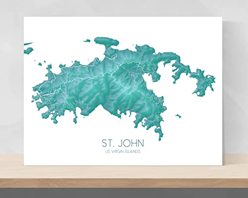 St John Usvi Map Wall Art Print, Turquoise 3D Topographic Saint John Island Gifts Poster, Us Virgin Islands (8 X 10", Landscape (Horizontal)) #TOP3