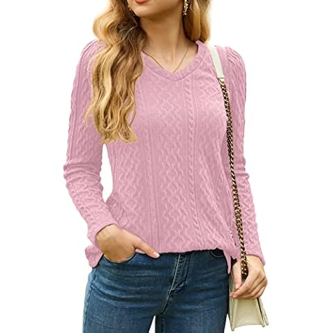 GRECERELLE Womens Jumpers Winter V Neck Puff Sleeve Tops Tunic Sweaters for Ladies Casual Spring Warm Soft Pullover Tops for Women (Pink, M) Cover
