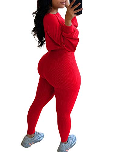 Bornpom Womens Two Piece Outfits Letter Print Sweatsuits Tracksuit Long Sleeve Sweatshirt and Sweatpants Set Red XL