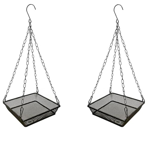 2 Pack Hanging Bird Feeder Tray Platform Metal Mesh Seed Tray for Bird Feeding Outdoor Garden Decoration for Backyard Attracting Wildbirds