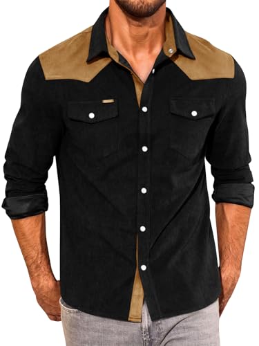 Image of Yousify Mens Western Cowboy Shirt Retro Corduroy Shirts with Pockets | Long Sleeve, Button Down, Vintage Snap Shirt, Country Shacket Jackets