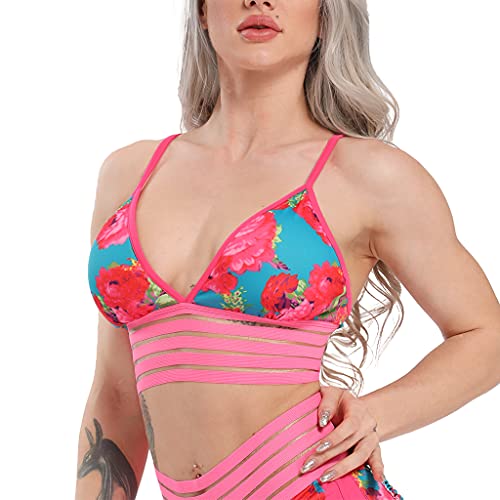 STARBILD Women Sexy Adjustable Strappy Printed Bra Removable Padded Supportive Sports Bra Red Flower Large