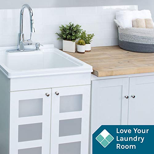 Js Jackson Supplies Utility Sink With White Vanity Cabinet, Chrome High-Arc Pull-Down Sprayer Faucet, Soap Dispenser And Spacious Vanity For Laundry Room #TOP2