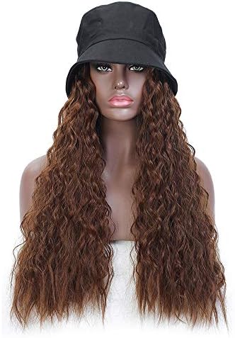 aSulis Synthetic Long Wave Bucket Hat with Hair Brown Wavy Women Wig Hats with Hair Wavy Extensions (Bucket Hat - Light Brown)