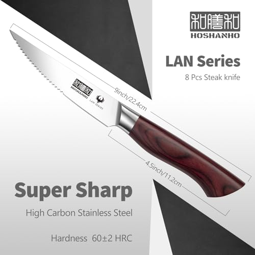 HOSHANHO Steak Knife Set 8 Pieces, 4.5 Inch Super Sharp High Carbon Stainless Steel Steak Knife Set, Professional Premium Serrated Precise Cutting with Ergonomic Wood Handle - Image 3