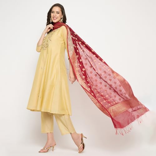 Image of Rangavali Beige Gold Embroidered Festive Anarkali Kurta Set | Chanderi Readymade Outfit Kurti for Womens | Kurti Set for Ladies