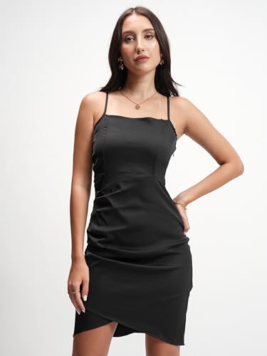 Image of Tokyo Talkies Women's Shoulder Straps Bodycon Short Dress | Chic & Stylish | Ruched | Perfect for Parties, Date Nights & Evening Glam