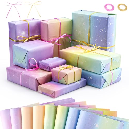 Birthday Wrapping Paper Set, 8 Pcs Rainbow Gradient Colour Gift Wrapping Paper with 2 Roll Satin Ribbon for Women Girl, 50 x 70CM Recyclable Gift Wrap Paper for Birthday, Party, Wedding