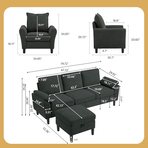 3 Pieces Sofa Set for Living Room with Sofa, Storage Ottoman and Single Chair - Image 3