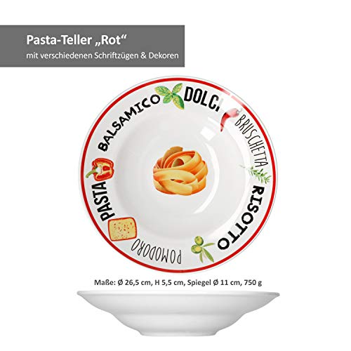 MamboCat Set de 4 pastatellers blancs décorés Service de table rouge et vert Vaisselle en faïence avec inscriptions et motifs colorés Assiette creuse en porcelaine pour soupes et salades – vue 3