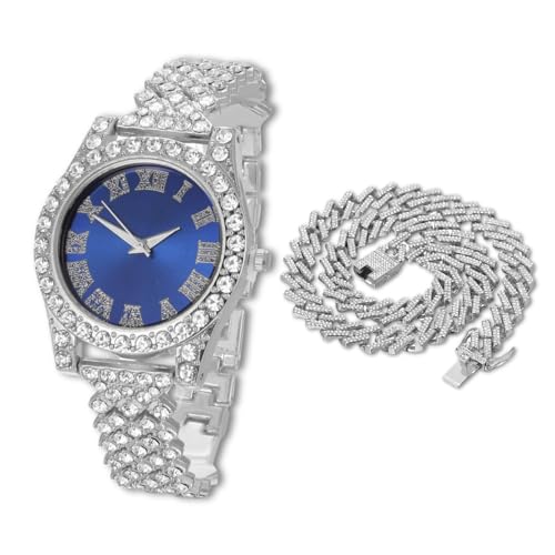 Halukakah Diamonds Watch Iced Out for Boy Teens - Platinum Plated - 36mm Blue Dial - 8