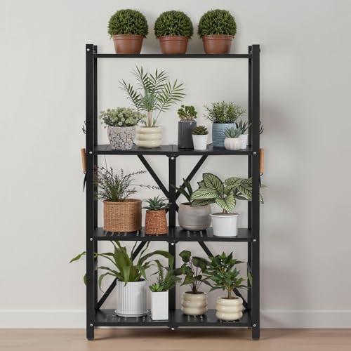 Image of VEVOR 4-Tier Foldable Storage Shelf, 26W x 13D x 46H Inch Folding Metal Rack Shelving Unit, No Assembly Organizer Shelf with 5 Wheels & 4 Hooks for Pantry, Kitchen, Garage, Basement, Black