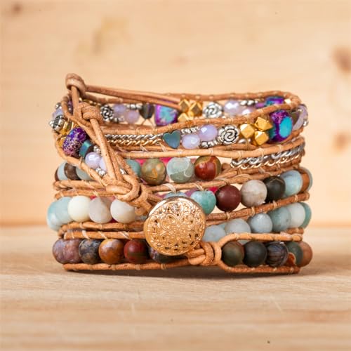 Image of YGLINE Natural Stone Beaded Healing Wax String 5 Wraps Bracelets