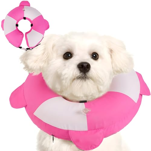 Image of Inflatable Dog Cone Collar Alternative After Surgery,Comfortable Anti-Licking & Biting Recovery Donut Collar,Lightweight Waterproof Easy to Clean (Pink,Small)