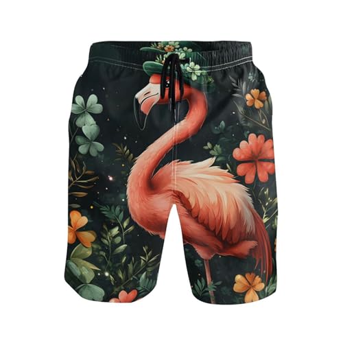 Men’s Swim Trunks Pink Flamingo Green Hat Beach Board Shorts Swimming Short Pants Running Sports Surffing Shorts