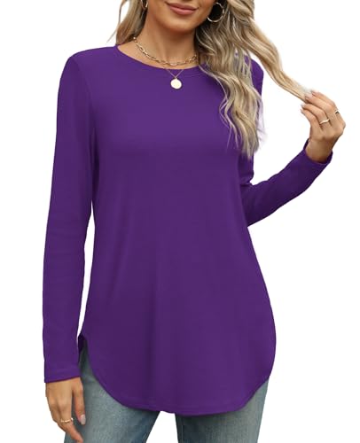 Image of XIEERDUO Womens Long Sleeve Round Neck Shirts Side Split Basic Loose Tunic Tops Casual 2026
