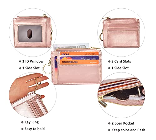 Image of Womens Slim RFID Credit Card Holder Mini Front Pocket Wallet Coin Purse Keychain (Oil Rose Gold)