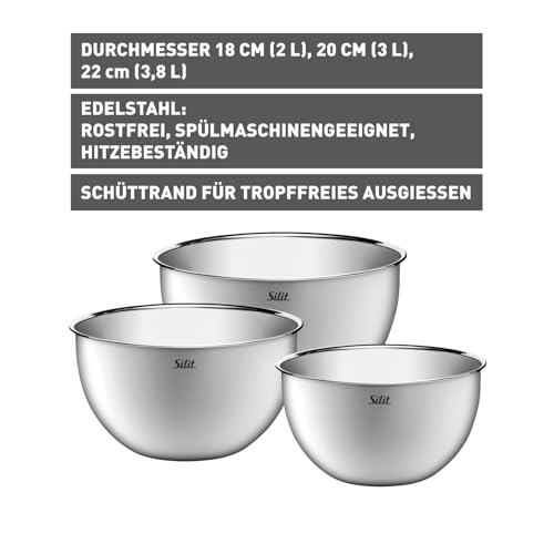 Foto von Silit Küchenschüssel-Set 3-teilig, Edelstahlschüsseln, multifunktional als Rührschüssel Edelstahl, Salatschüssel, Servierschüssel, stapelbar