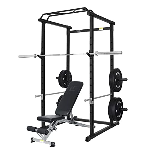 RitFit PC-410 Power Cage 1000LB Capacity Packages with Weight Bench, Barbell Set with Olympic Barbell, for Garage & Home Gym（Black, Bumper Plate 260lbs)