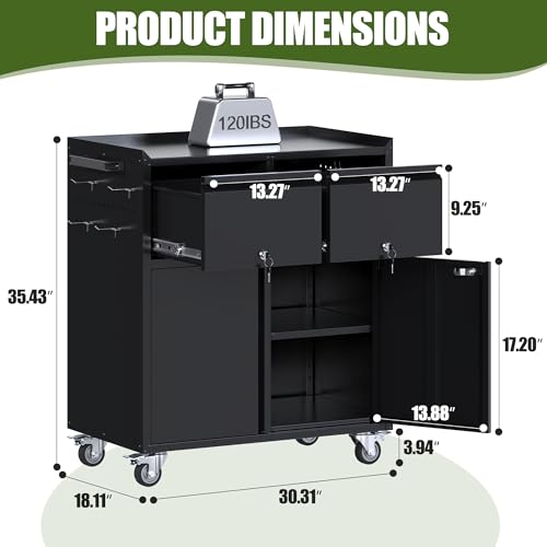 Image of Aobabo Rolling Metal Garage Cabinet with 2 Drawers, Lock and Pegboard
