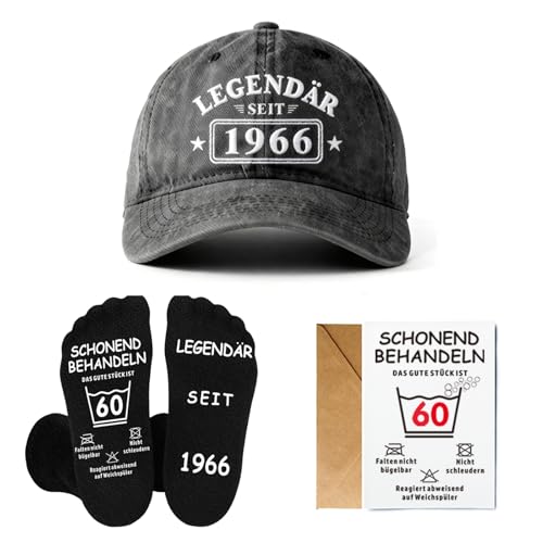 Geschenkset zum 60. Geburtstag für Männer – Baseballkappe „Legendär seit 1966“ (dunkelgrau) + Anti-Rutsch Socken mit 50-Motiv + humorvolle Glückwunschkarte – Party & Jubiläum