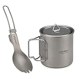 Lixada Camping Titanium Topf Becher Tasse Outdoor Camping Kochgeschirrset Große Kapazität Titanium Tasse mit Gabel Löffel Campinggeschirr Kann für Camping Wanderrucksäcke im Freien
